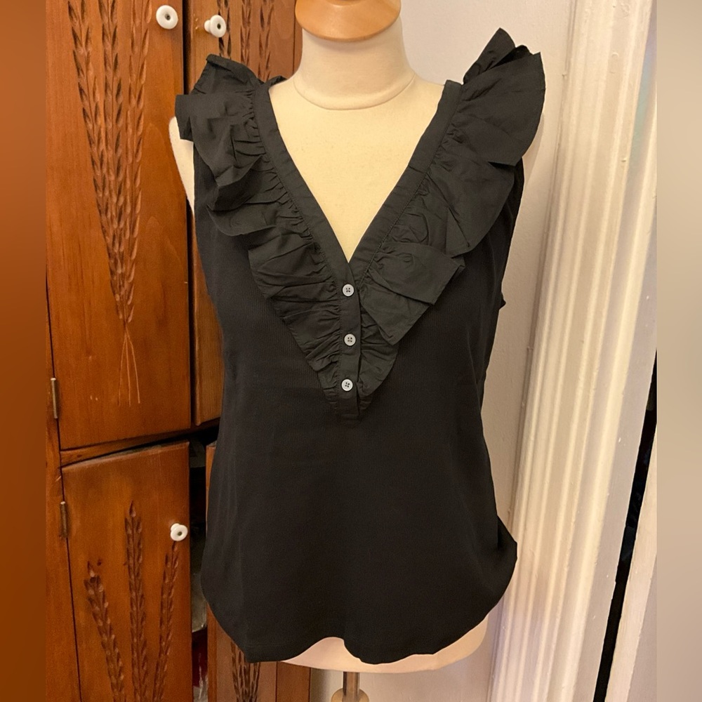 NWT LOFT Ruffled Tank Top Black Henley V-Neck Ribbed Knit Sleeveless Shirt